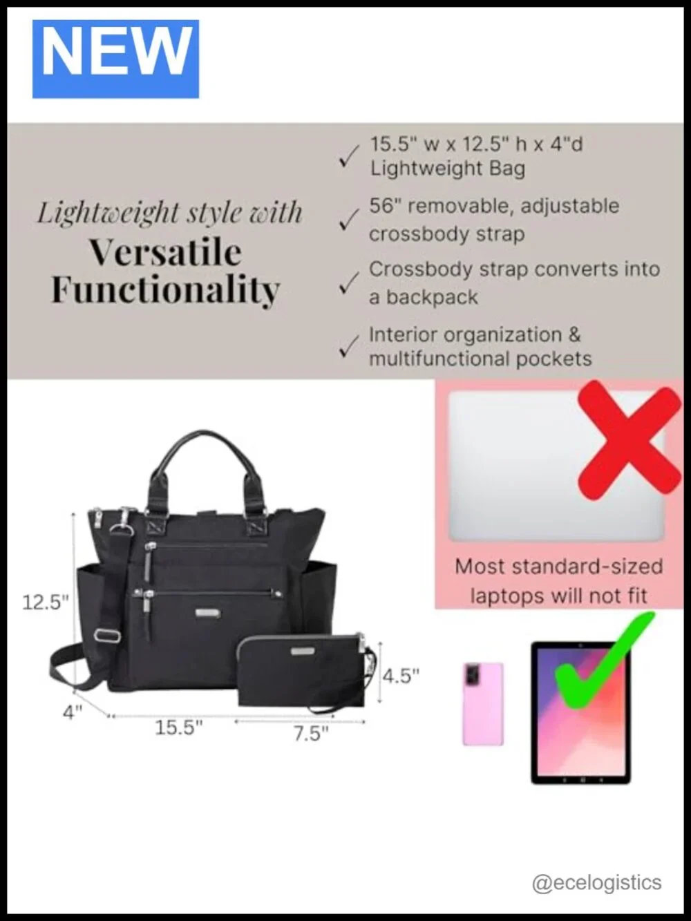 3-in-1 Convertible Backpack Tote Handbag Lightweight Travel RFID Wristlet